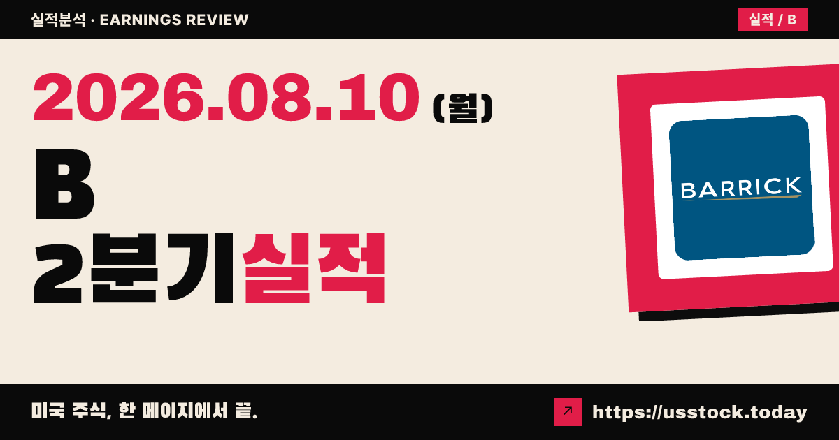 배릭마이닝($B) 2026년 2분기 실적 분석 — 매출 예상 상회·조정 주당이익 소폭 미달, 시간외 약세