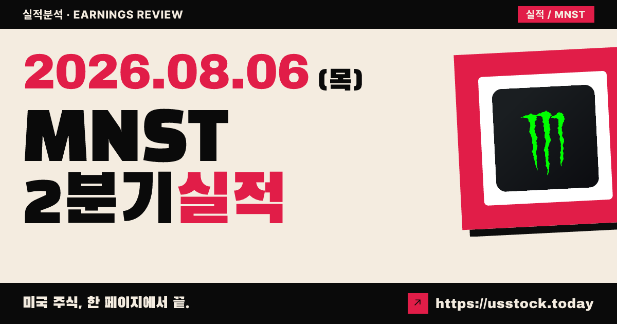 몬스터 베버리지($MNST) 2026년 2분기 실적 분석 — 조정 주당순이익·매출 모두 예상 상회, 시간외 보합